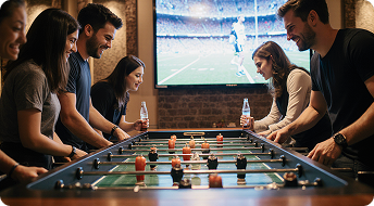 Amigos jugando fútbol-mesa en un ambiente festivo