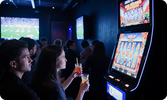 Grupo de personas disfrutando de transmisiones deportivas y jugando en máquinas recreativas